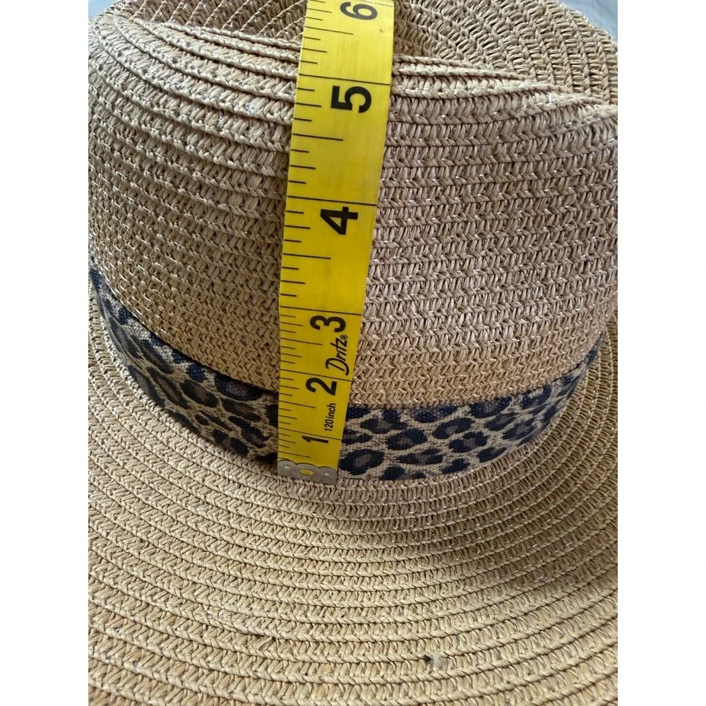 Cruise Club Tan Straw Sun Hat Leopard Print Trim Wide Brim Beach Fedora Womens